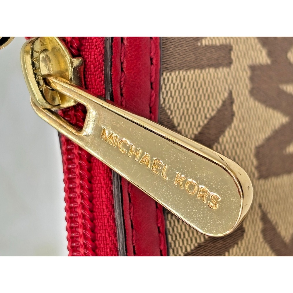 Michael Kors Jacquard Monagram Wristlet Mini Bag Red Leather Signature Lining - Picture 7 of 16